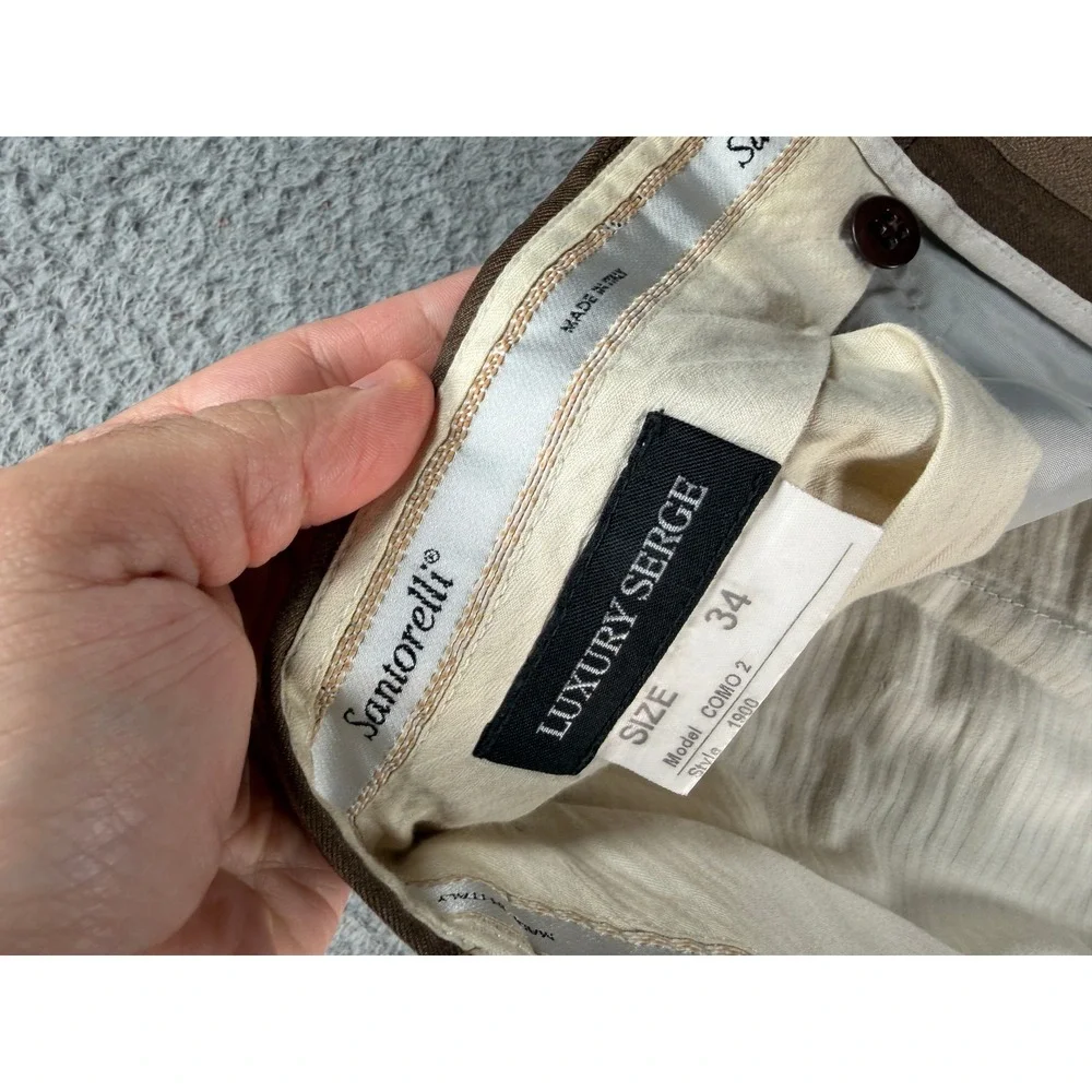 Santorelli Como 2 Dress Pants Luxury Serge Mens 34x28 Brown Pleated Wool Italy